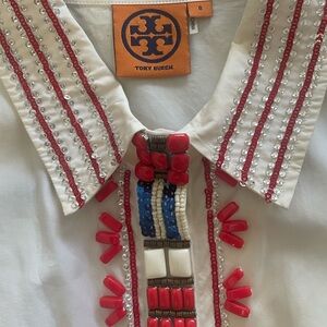 Tory Burch Sleeveless White Top with Red and Blue, Gold embellished sequins